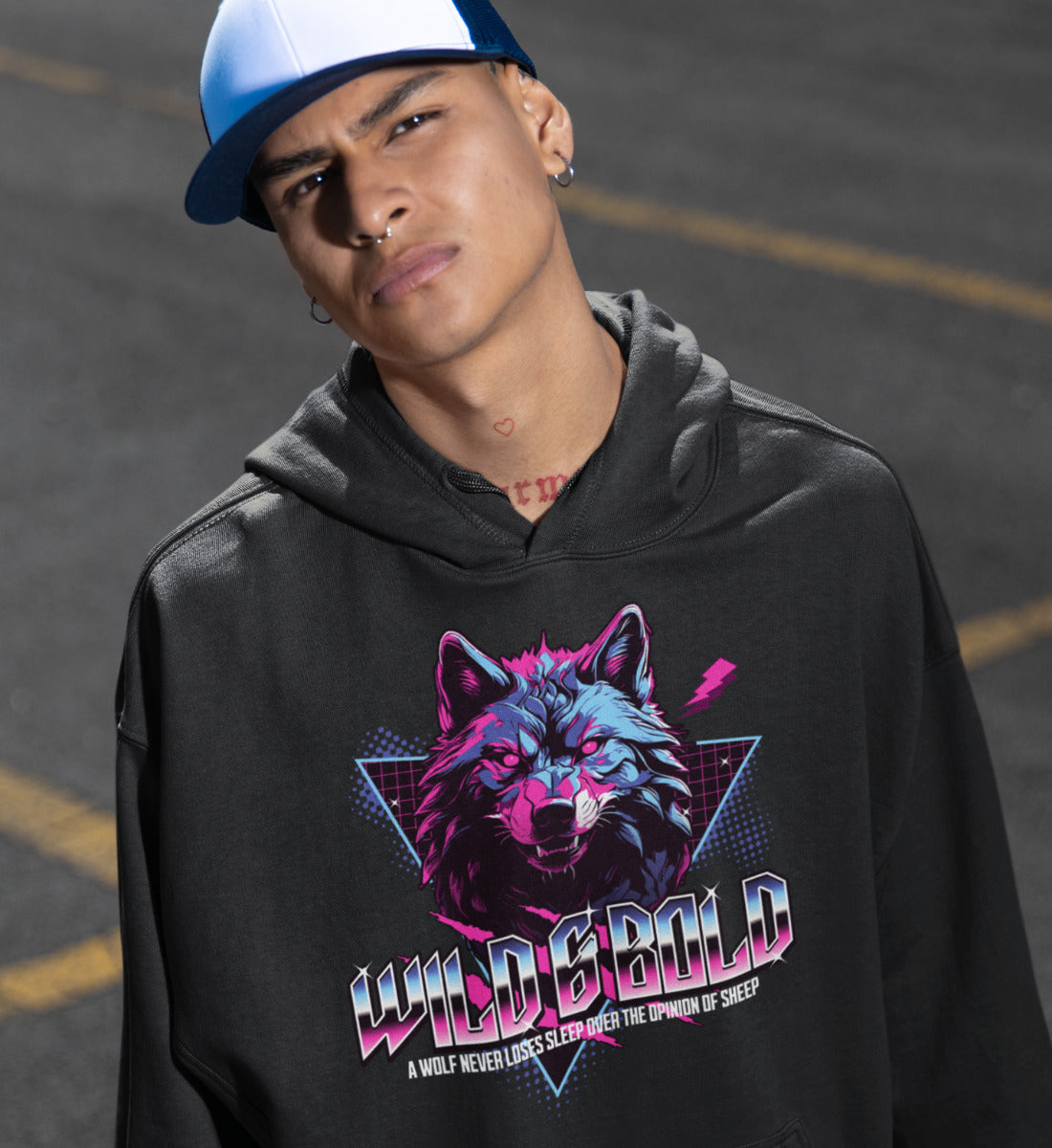 Wild & Bold Wolf - 80s Neon Retro Vaporware - Unisex Organic Hoodie