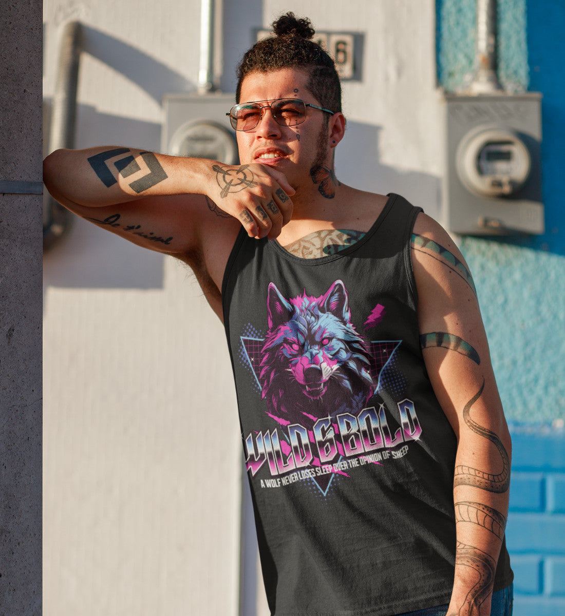 Wild & Bold Wolf - 80s Neon Retro Vaporware  - Herren Tanktop