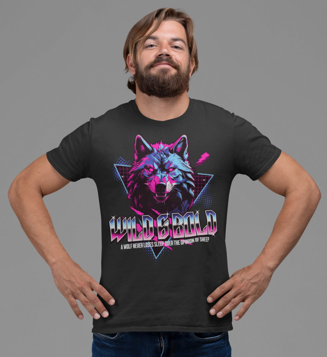 Wild & Bold Wolf - 80s Neon Retro Vaporware  - Herren Shirt