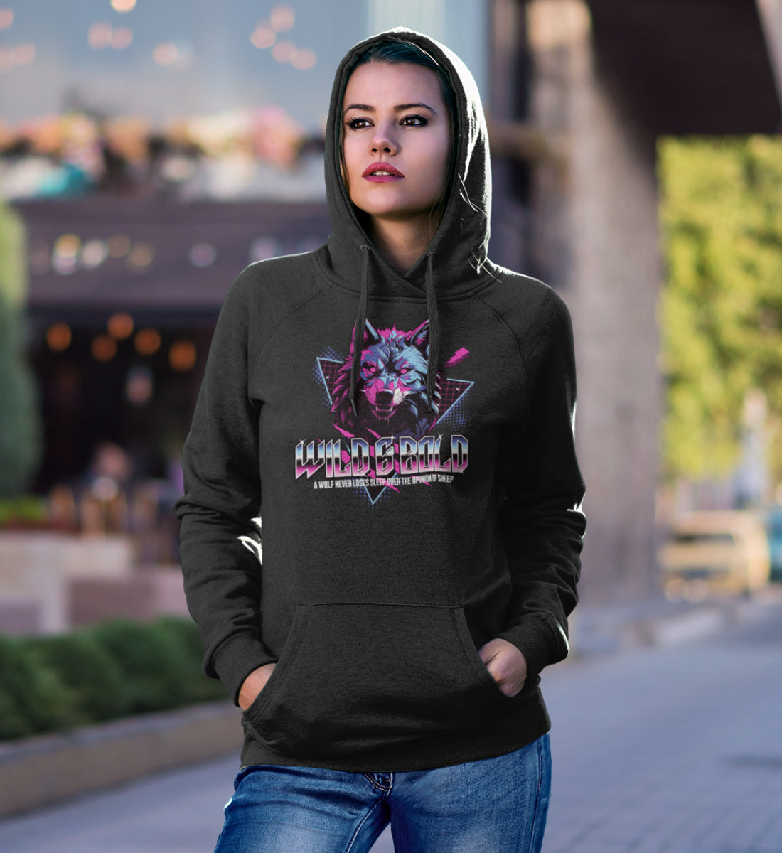 Wild & Bold Wolf - 80s Neon Retro Vaporware  - Damen Organic Hoodie ST/ST